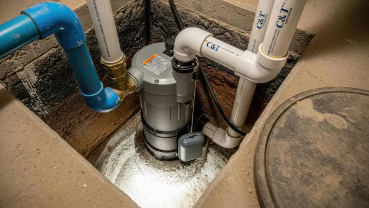 Two sump pumps and discharge piping inside a basement sump pit