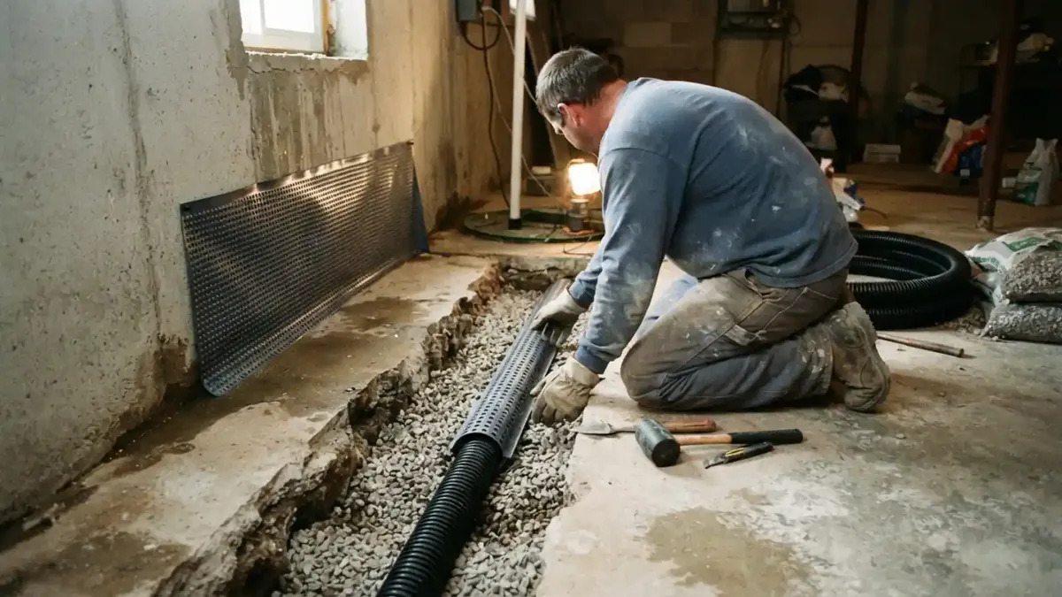 Worker setting drain pipe in a gravel trench cut along a basement wall