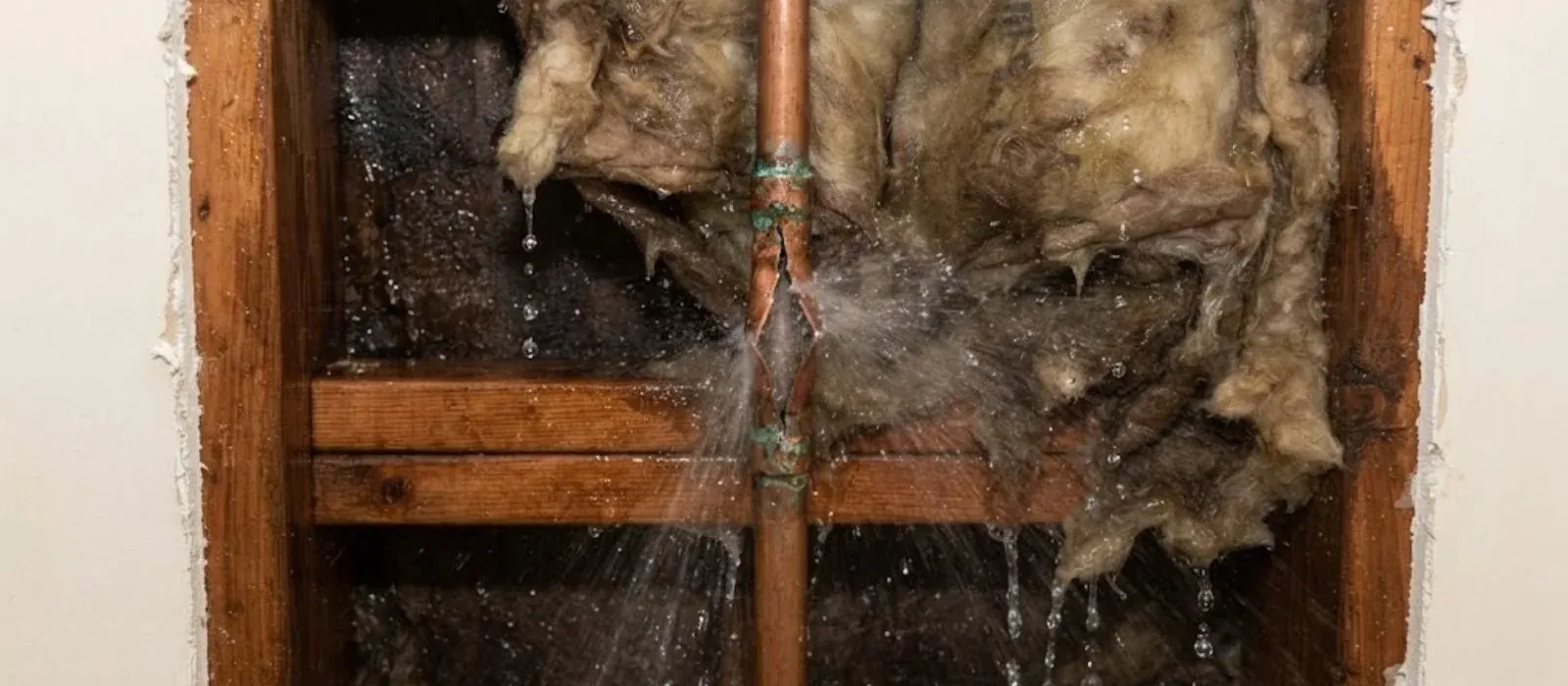 Water spraying from a burst pipe inside an opened wall cavity