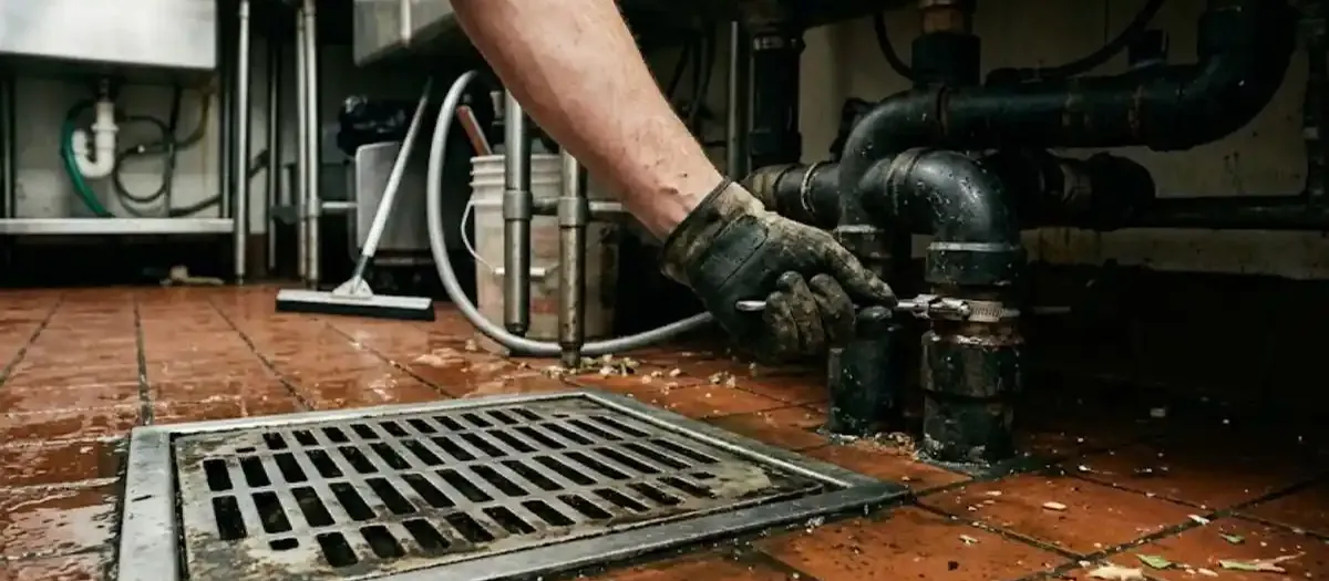 Plumber's gloved hand working on piping beside a floor drain in a commercial kitchen