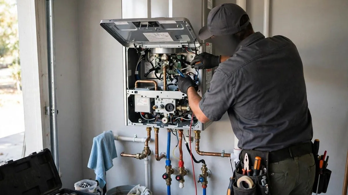 Technician working on the open front panel of a wall-mounted tankless water heater