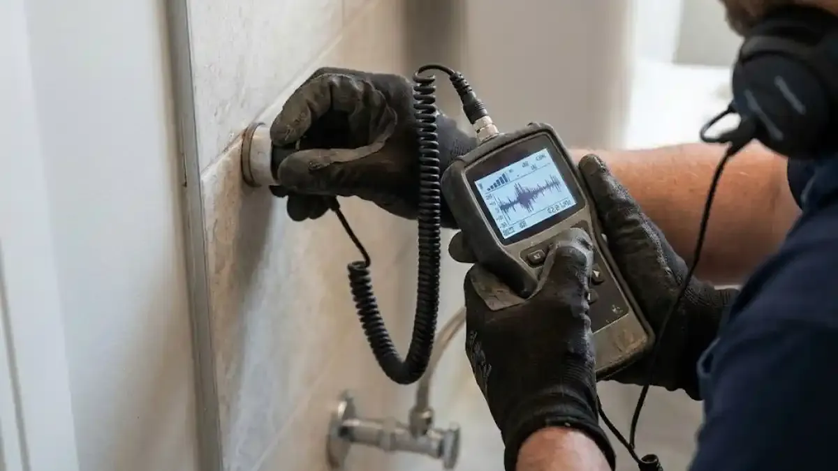 Technician holding an acoustic leak sensor against a wall with headphones on