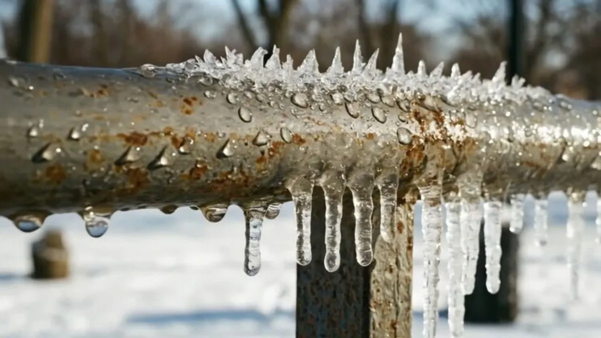 Frost and icicles forming on an exposed metal water pipe