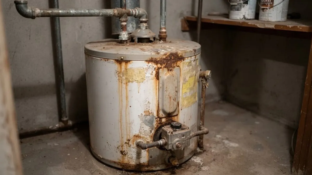 Corroded older tank water heater in a basement