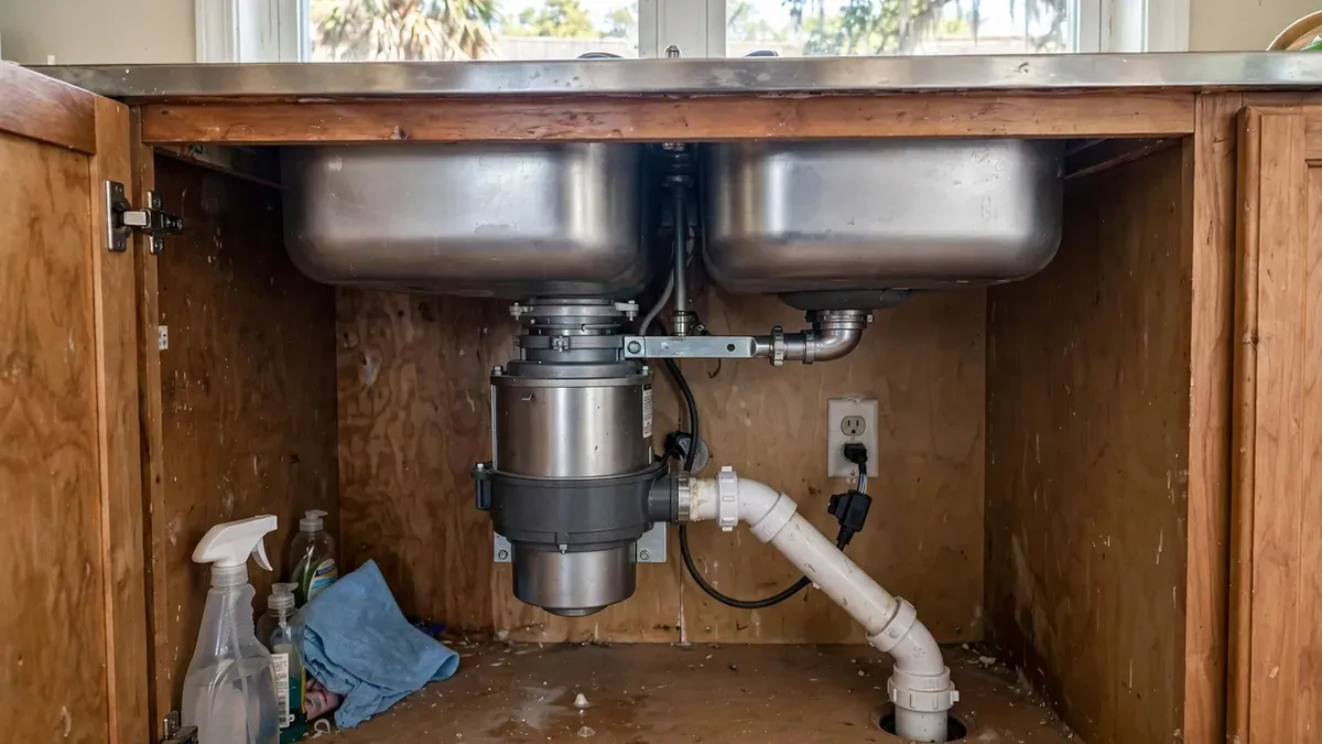 Garbage disposal installed under a double kitchen sink with a dishwasher drain hose attached