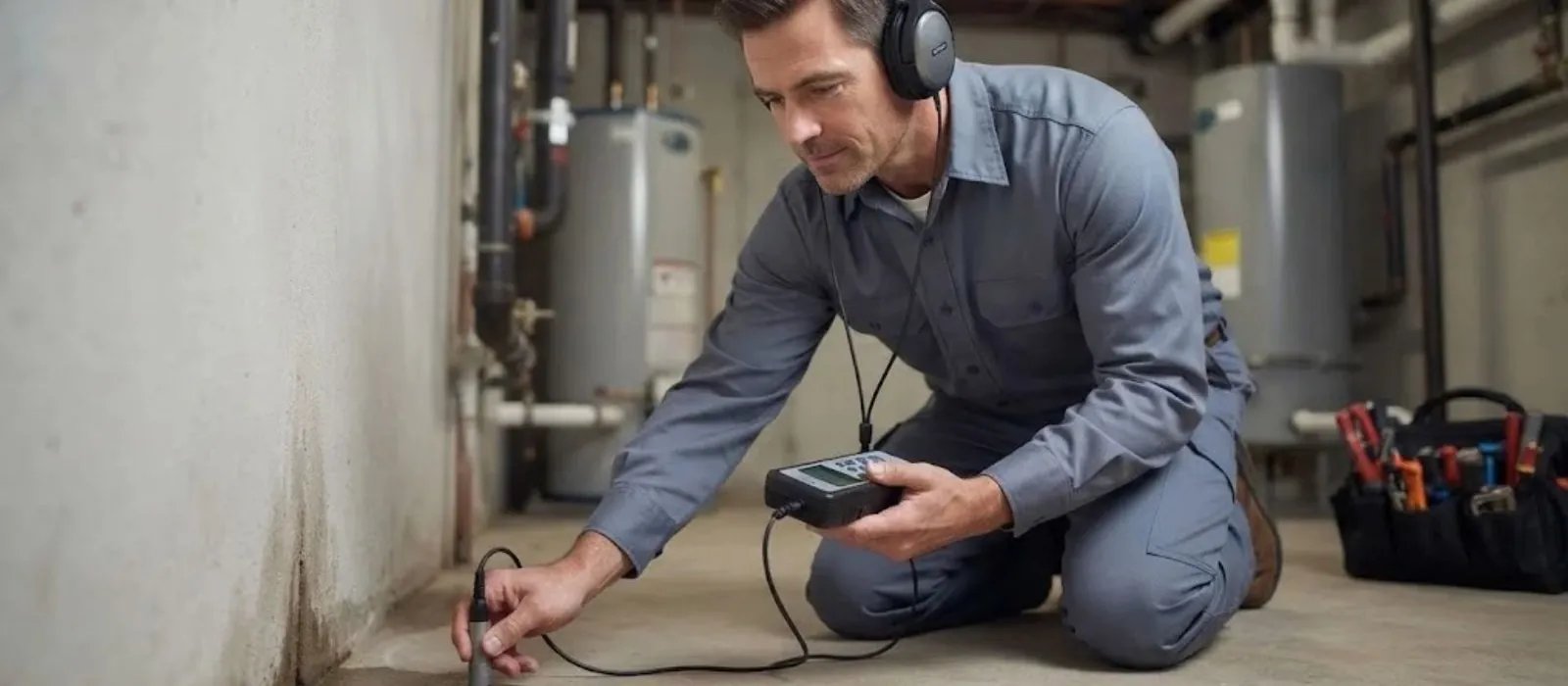 Technician wearing headphones using an acoustic sensor on a basement floor to locate a leak