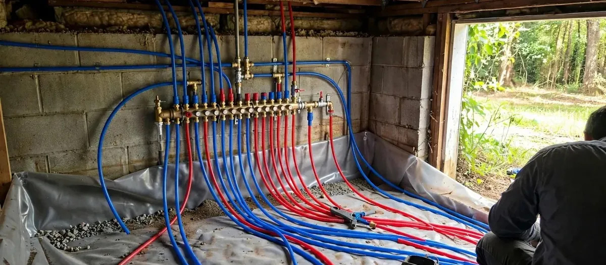 New PEX supply manifold and colored tubing runs in a crawlspace