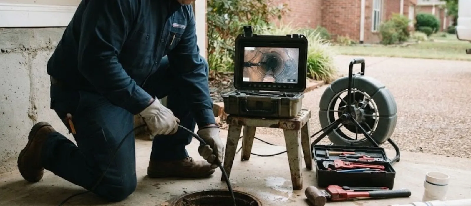Technician at a sewer cleanout with a camera monitor and cable reel in front of a house