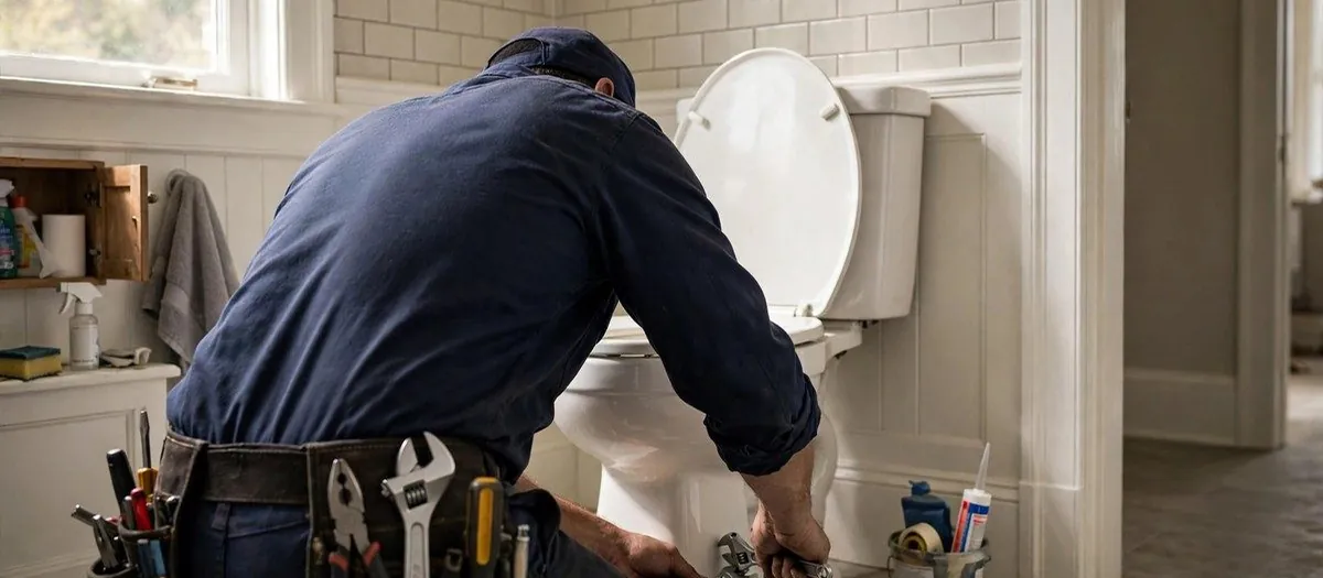 Plumber kneeling beside a toilet in a tiled bathroom with tools on the floor