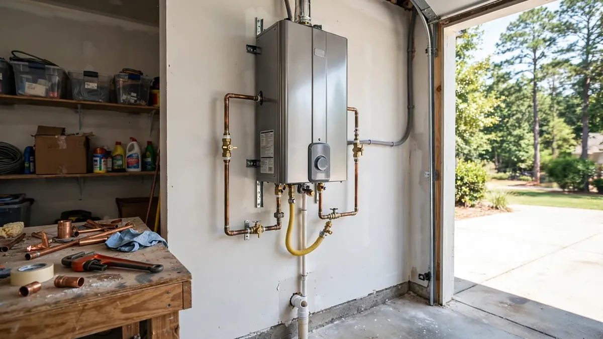 Wall-mounted water heater with supply and gas piping in a garage