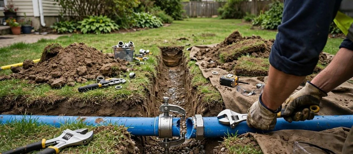 Open yard trench with a blue water service pipe and fitting being worked on
