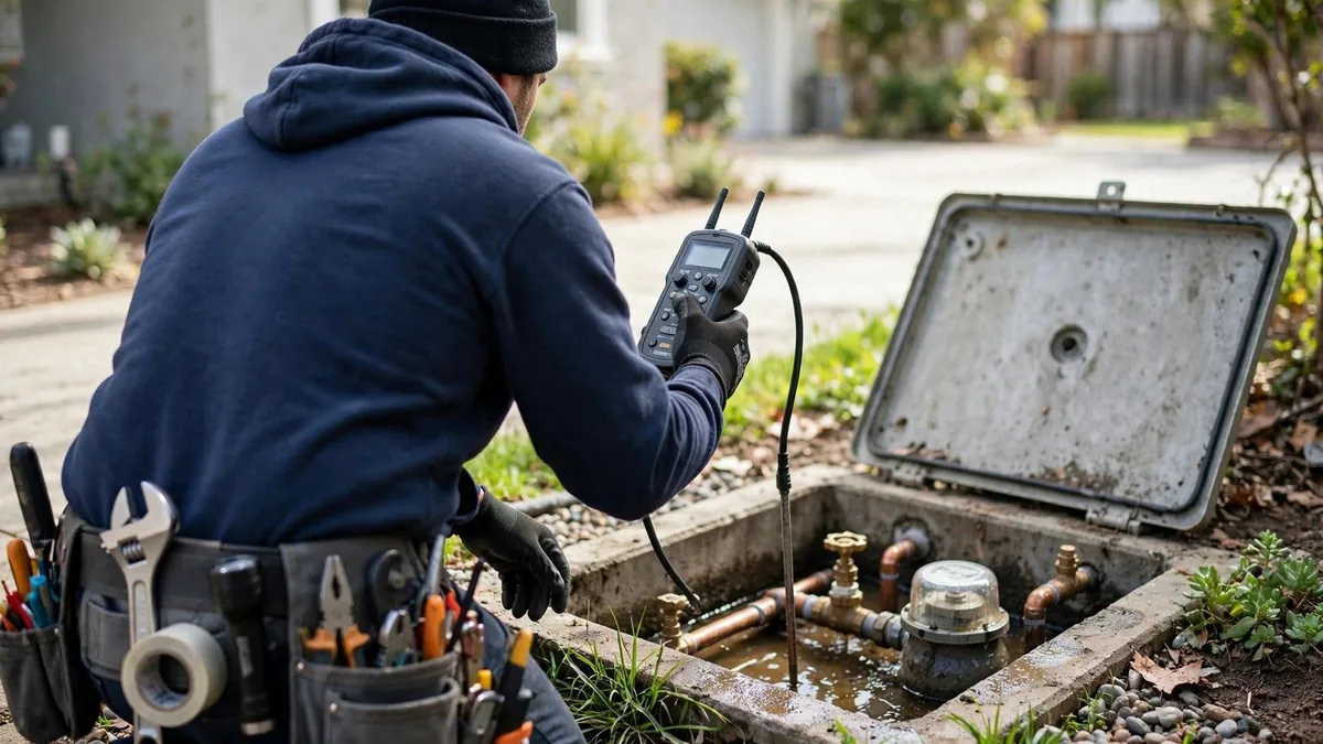 Technician checking a water meter in an open ground-level meter box