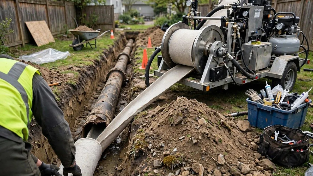 Open yard trench with exposed sewer pipe and trenchless equipment beside it